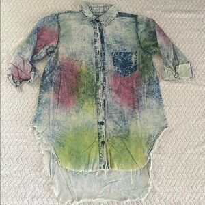 Tye Dye Thrill Jeans Colorful Long Sleeve Denim Button Up Unisex Size L